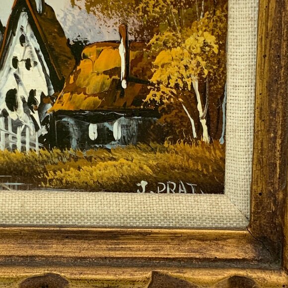 Oil Painting Framed Vintage Signed J. Prat Stone Bridge and Cottage Scene - Picture 3 of 6